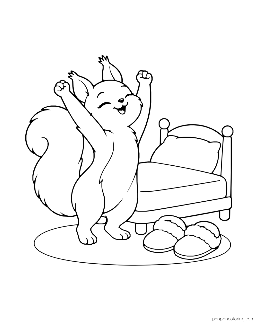 A squirrel stretches beside a small bed with soft slippers on the rug.