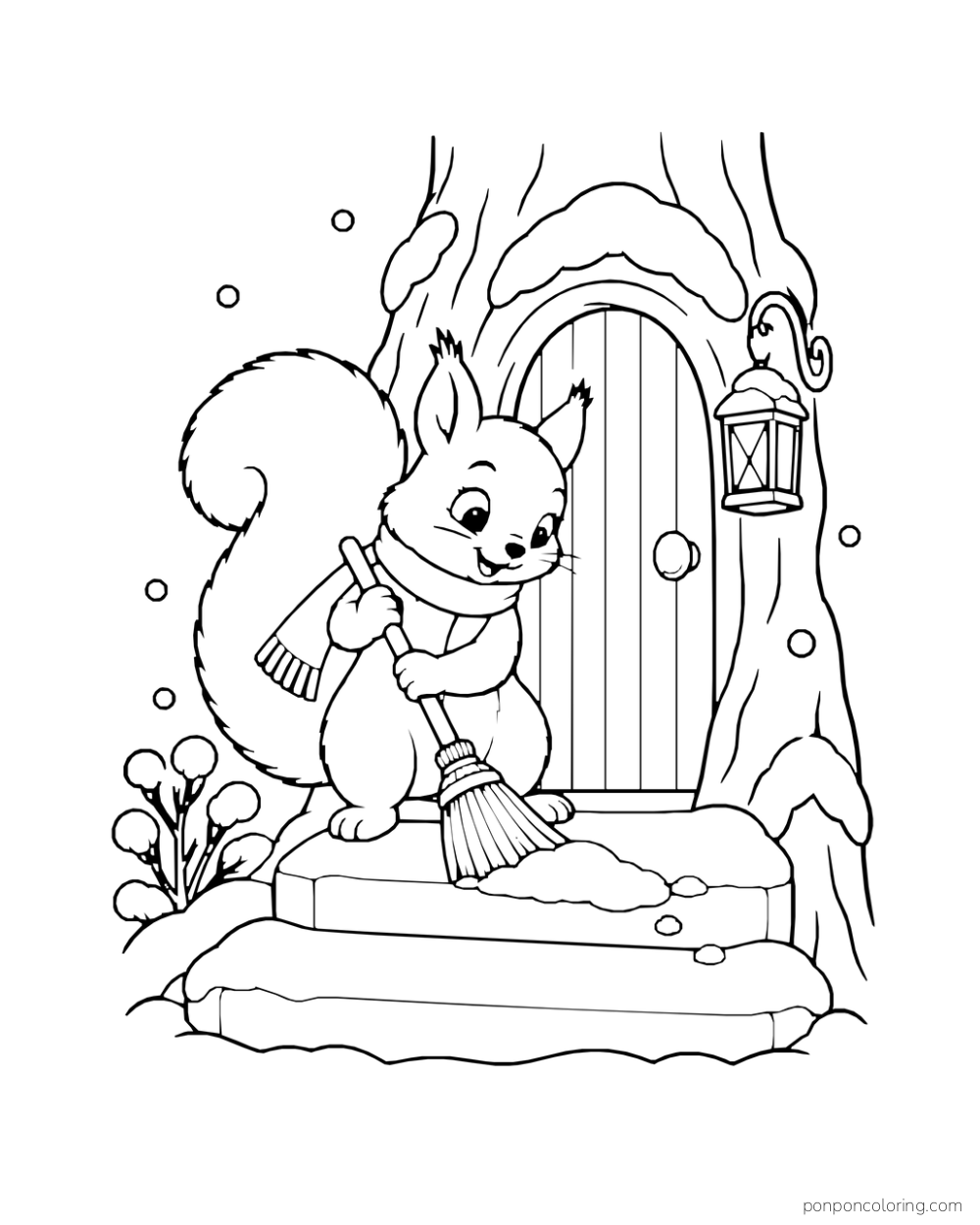 A squirrel in a scarf sweeps snow from the steps of a small tree home.