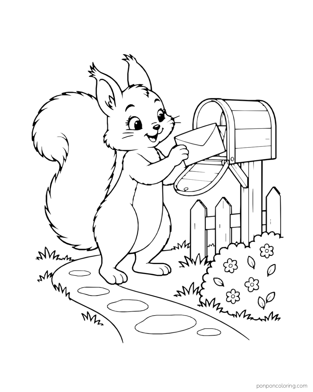 A squirrel holds a folded letter beside an open mailbox on a garden path.