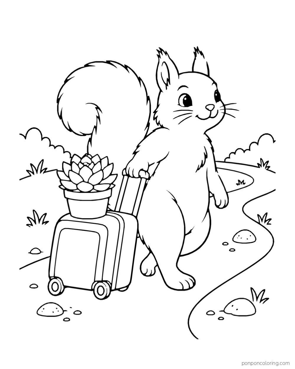 Squirrel walking along a path with a wheeled suitcase and small rosette pot.