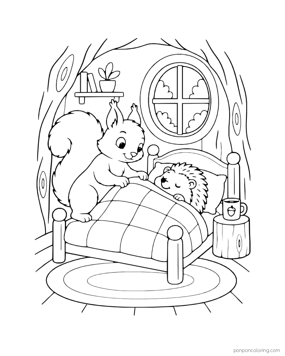 A squirrel pulls a broad quilt over a resting hedgehog on a small bed.