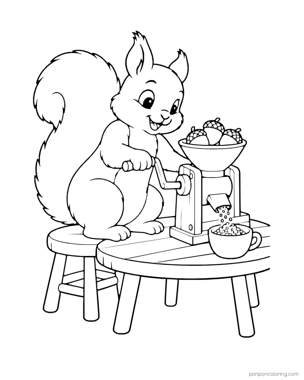 A squirrel turns the crank of a small tabletop mill with acorns above it and a cup below.