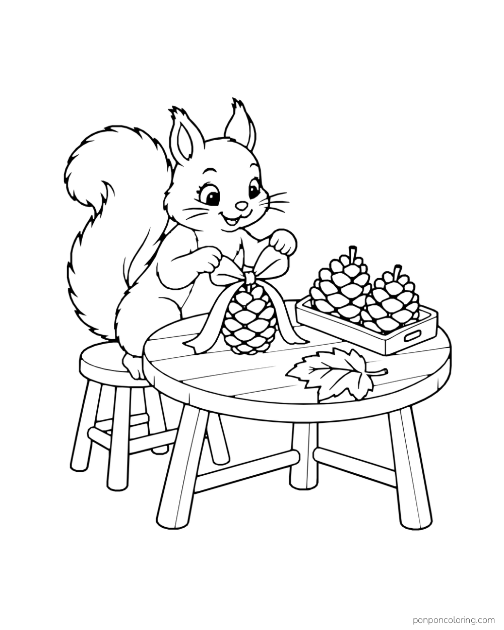 A squirrel ties a ribbon bow around a pinecone at a round craft table.