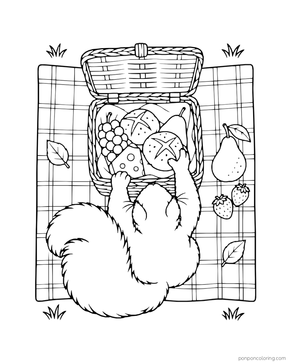 From above, a squirrel reaches into a picnic basket filled with bread and fruit.