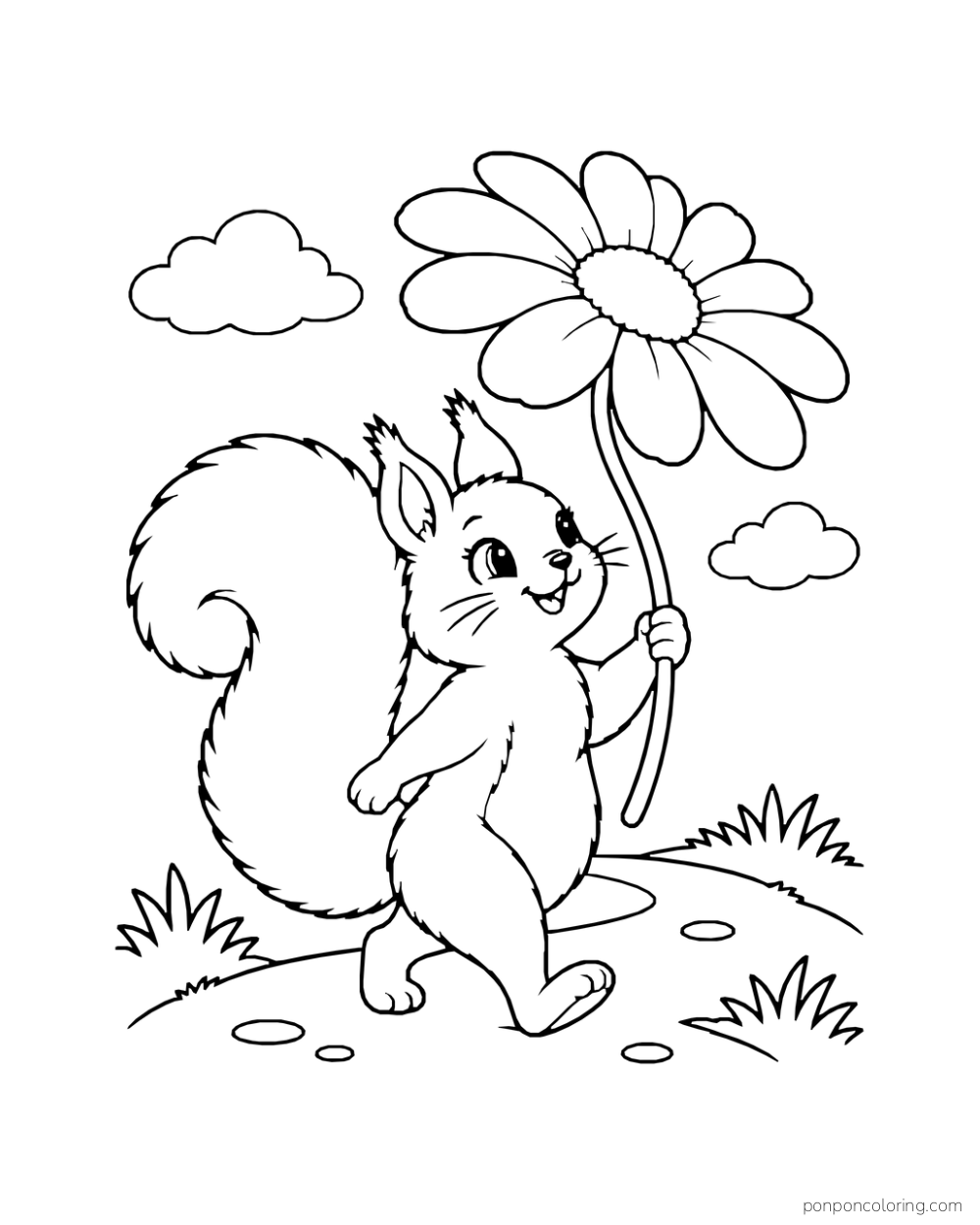 A squirrel walks while holding a large daisy overhead like a parasol.