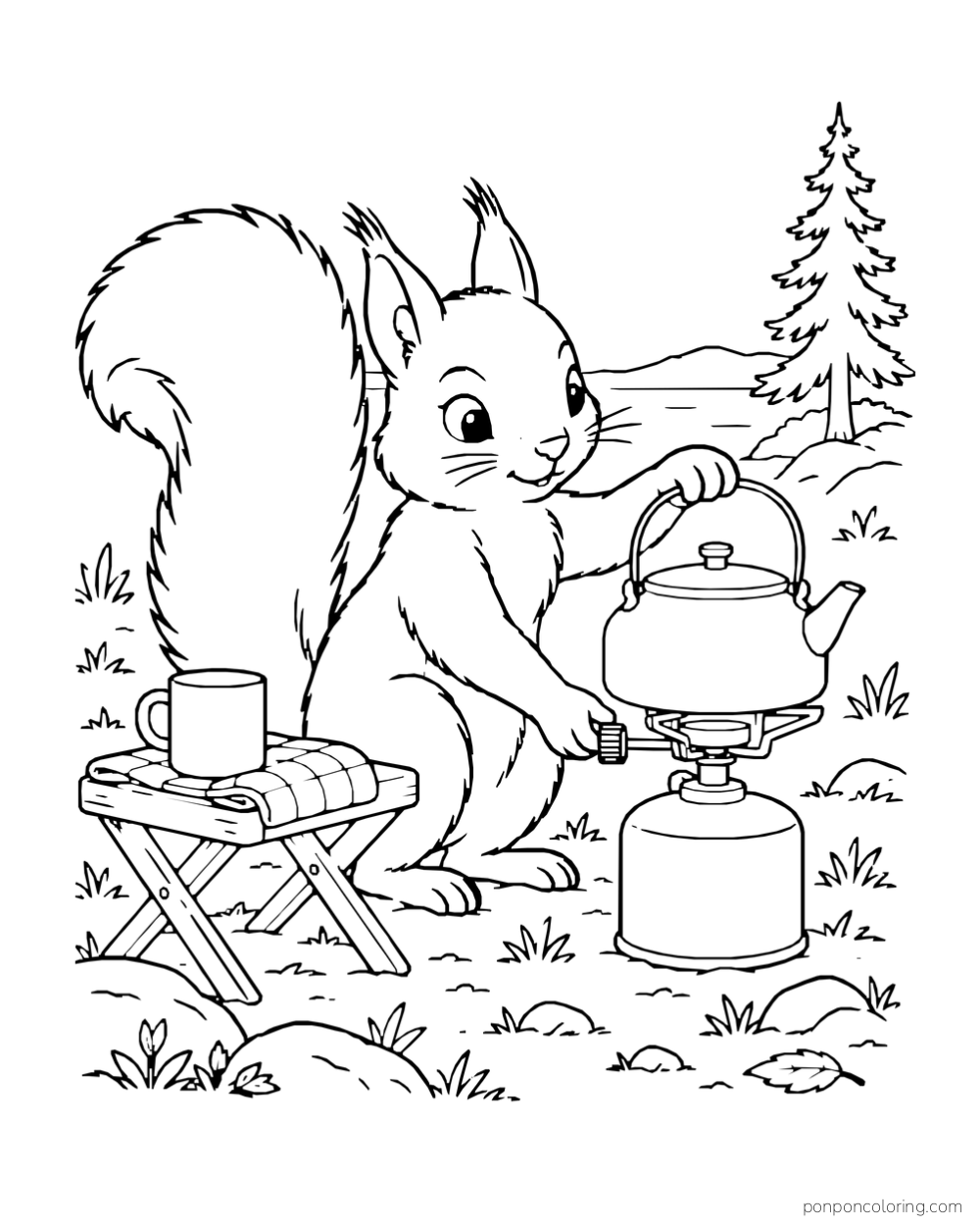 A squirrel holds a kettle over a compact outdoor stove beside a cup on a folding stool.