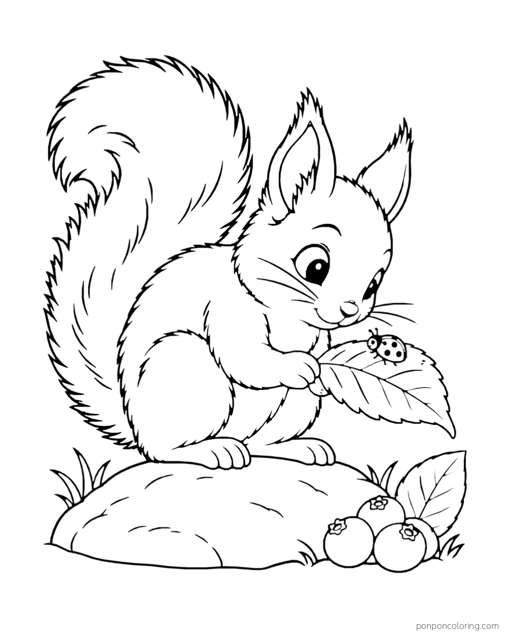 A squirrel studies a ladybug on a broad leaf while sitting on a smooth garden stone.