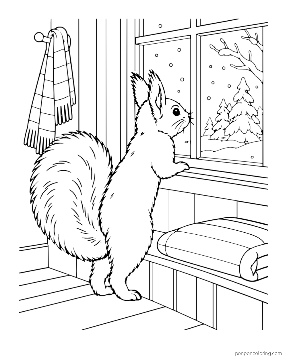 A squirrel stands beside a cushioned window seat and looks outside at snow, with a striped scarf hanging nearby.