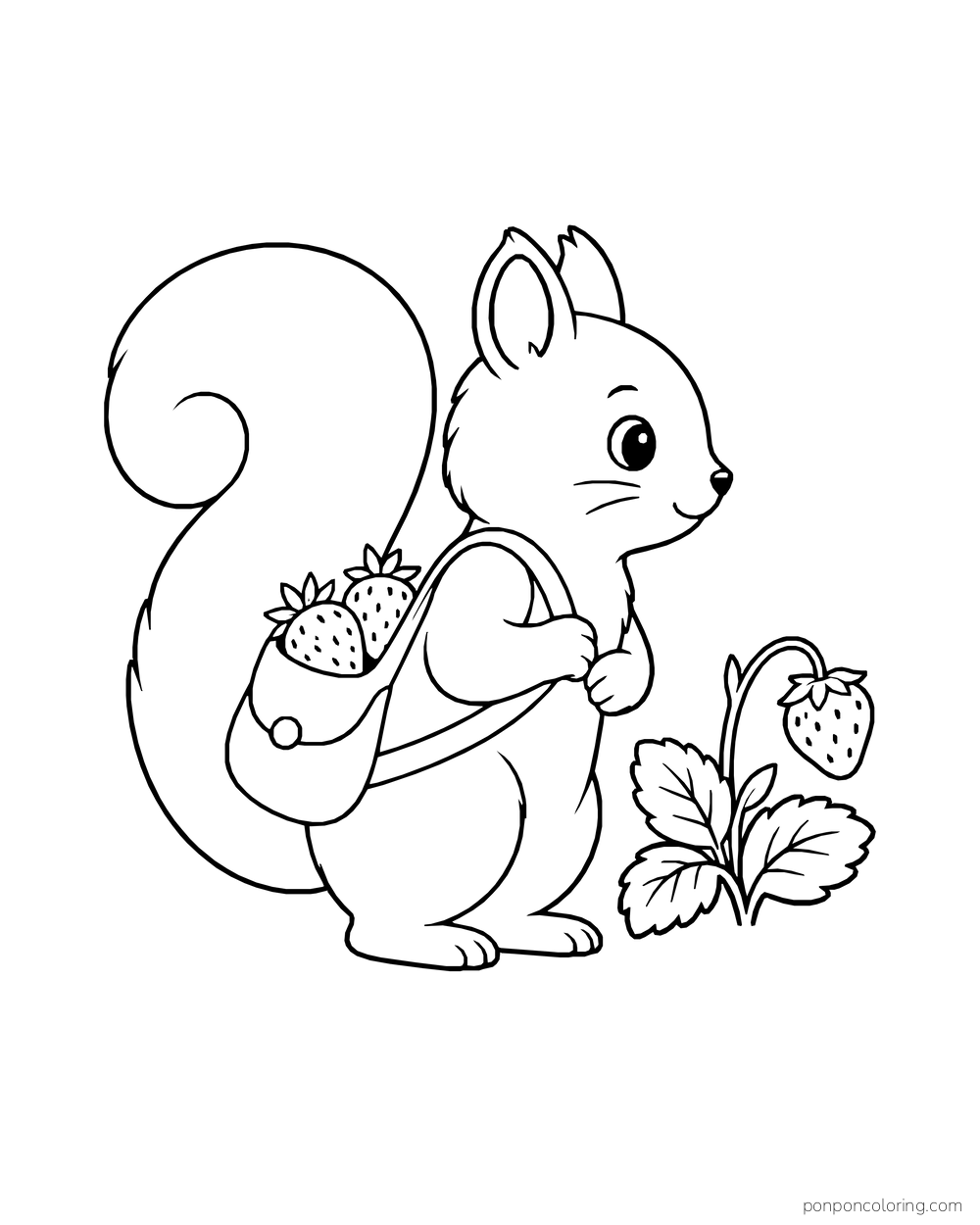 A squirrel with a curled tail carries a berry satchel beside a small strawberry plant.