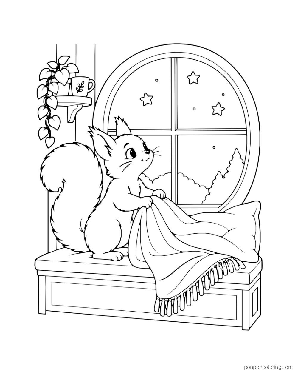 A squirrel holds a soft blanket on a window seat beneath a starry view.