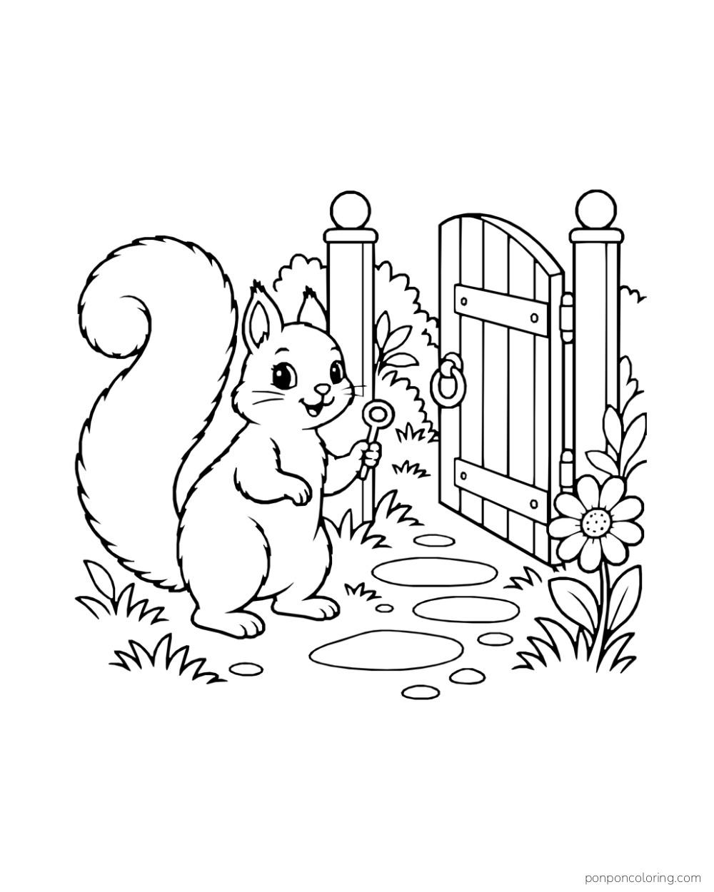 A squirrel holds a small key beside a partly open garden gate.