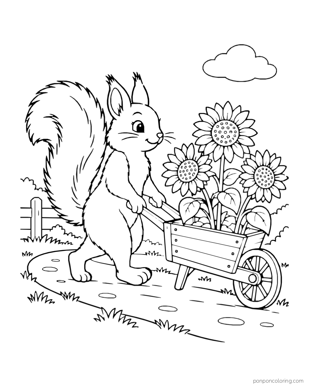 A squirrel pushes a small wheelbarrow filled with sunflowers along a garden path.