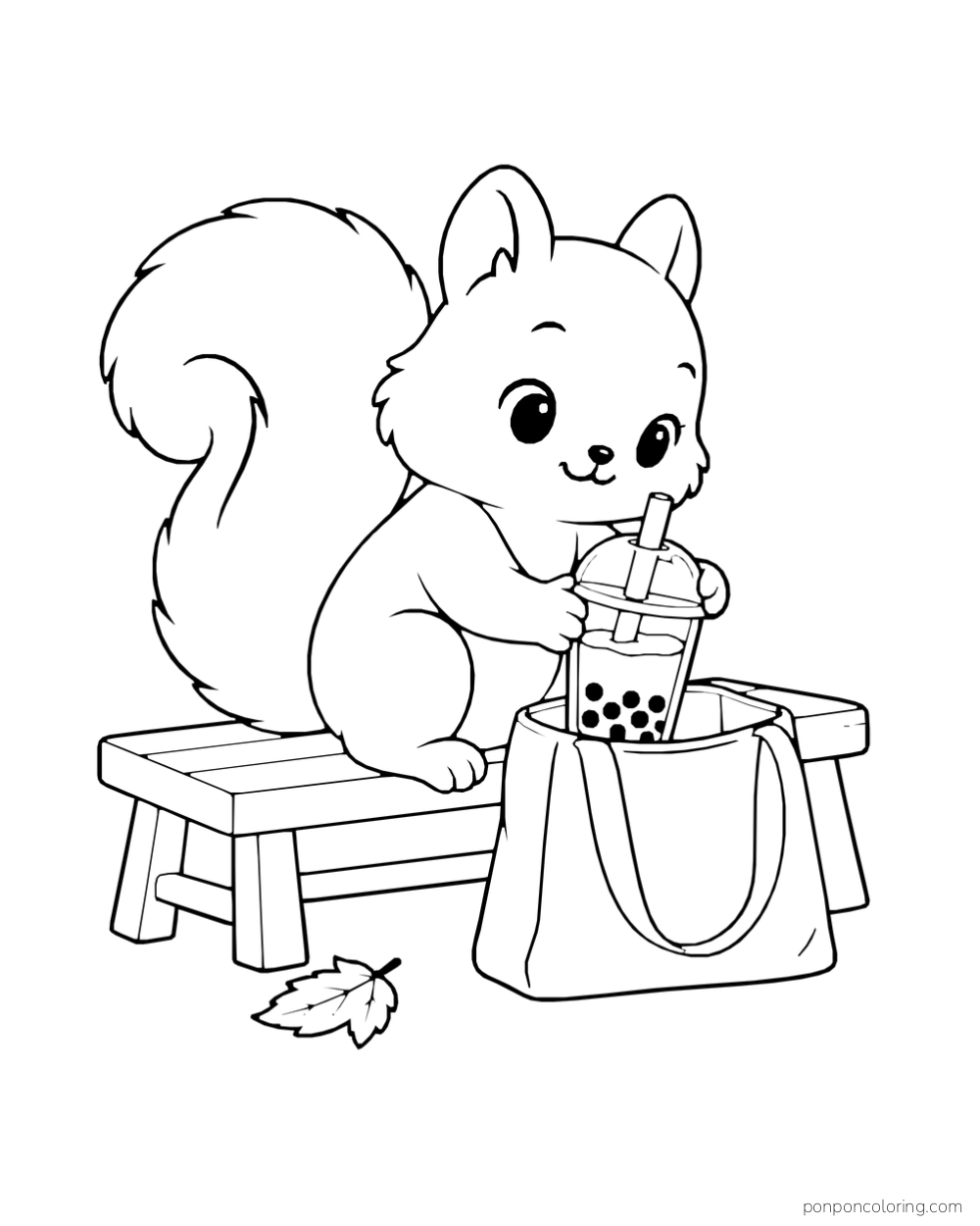 A squirrel sits on a small bench with a boba cup tucked into an open tote.