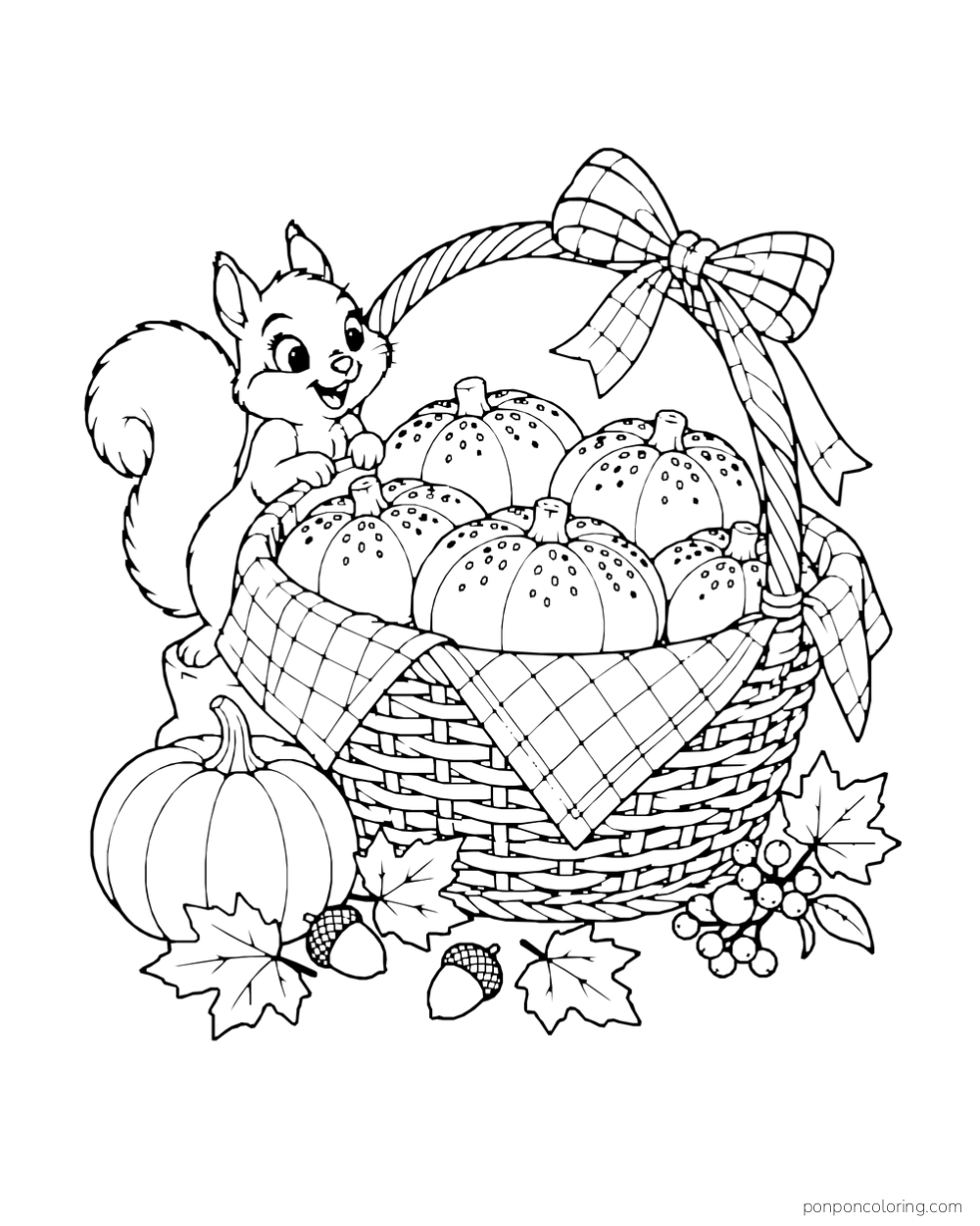 A squirrel stands beside a basket of pumpkin-shaped bread rolls with a checked cloth and bow.