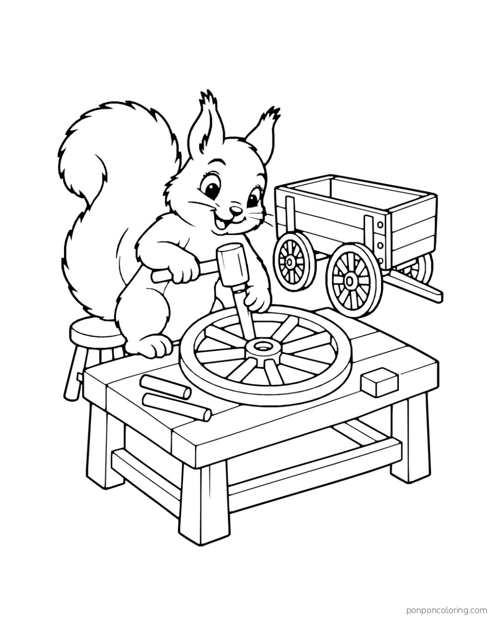 A squirrel uses a wooden mallet on a wagon wheel at a low workbench.