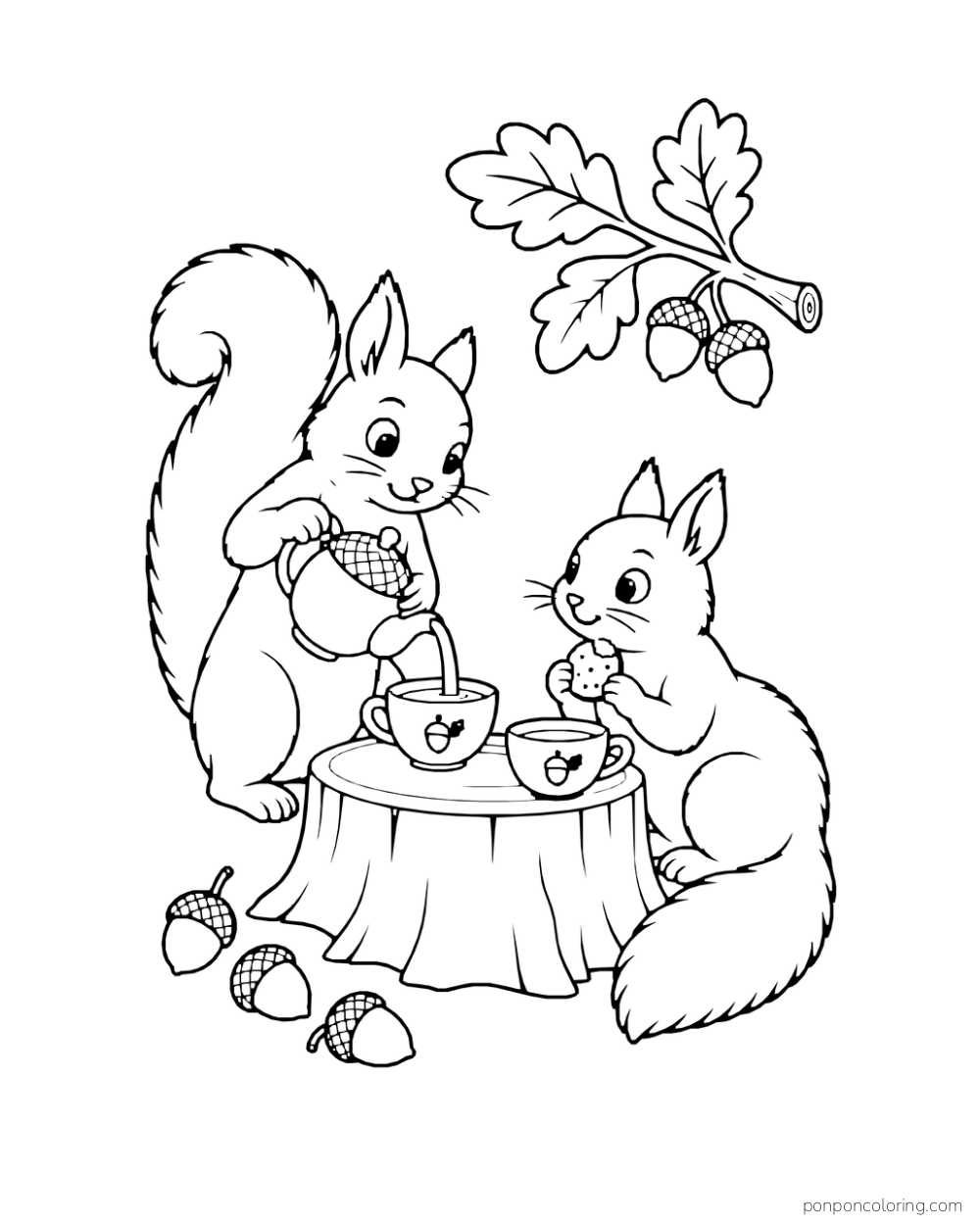 Two squirrels share tea from an acorn-shaped teapot at a stump table.