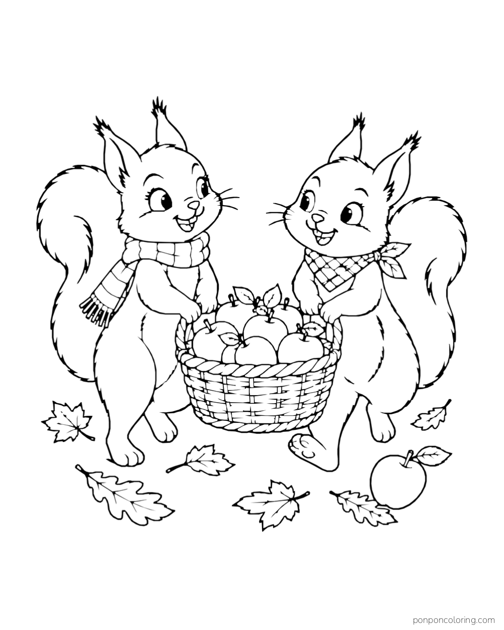 Two squirrels carry a woven basket of apples among scattered autumn leaves.