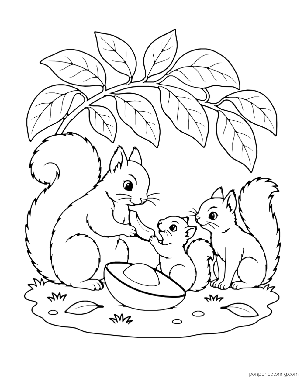 Three squirrels share an avocado slice beside a large avocado half and a leafy branch.