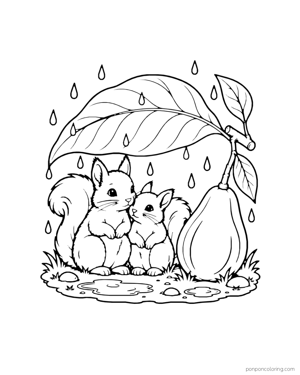Two squirrels shelter beneath a giant avocado leaf beside one whole avocado in gentle rain.