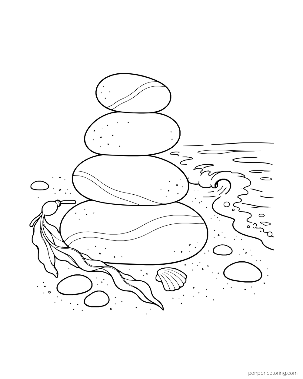Four smooth stones form a small stack beside kelp and a curling shore wave.