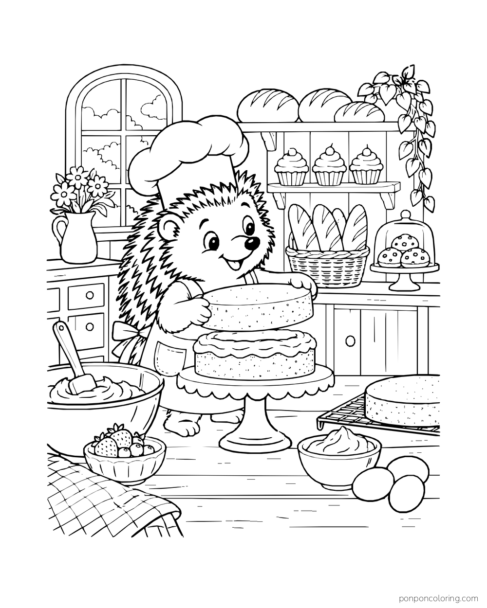 A hedgehog baker lowers a cake layer onto another layer on a stand.