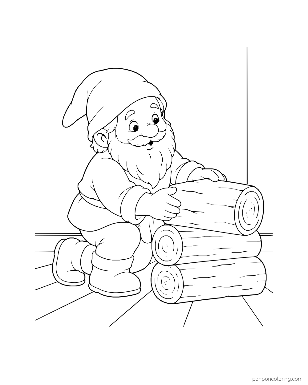 Kneeling gnome adding a log to a short stack of firewood on a wooden floor.