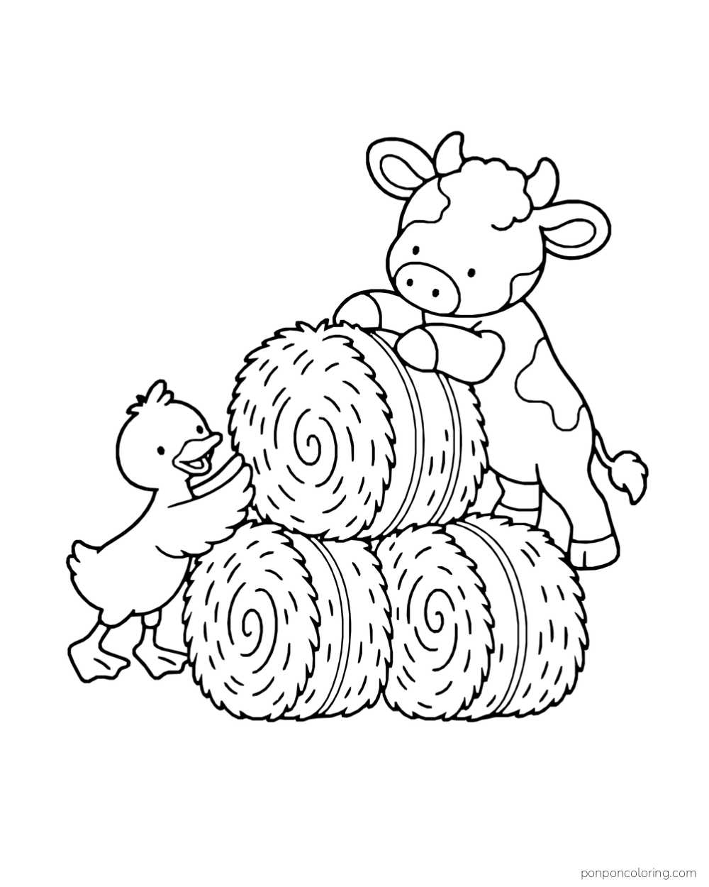 A calf and duck stack three round hay bales.