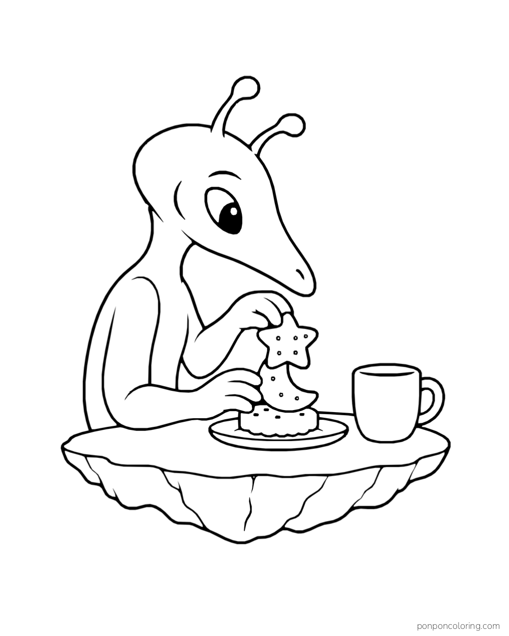 An alien stacks three moon-shaped biscuits beside a plate.