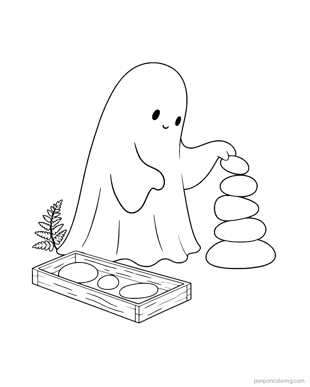 A ghost balances smooth stones beside a tray and fern.