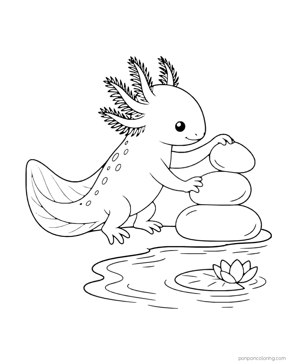 Axolotl placing a rounded stone on a stack of three stones beside a small pond flower.