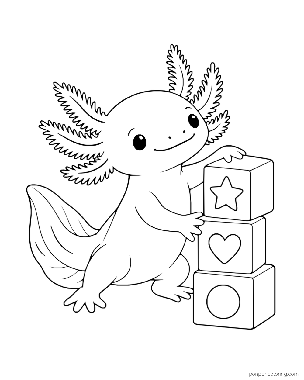 Axolotl steadying a stack of three blocks marked with a star, heart, and circle.