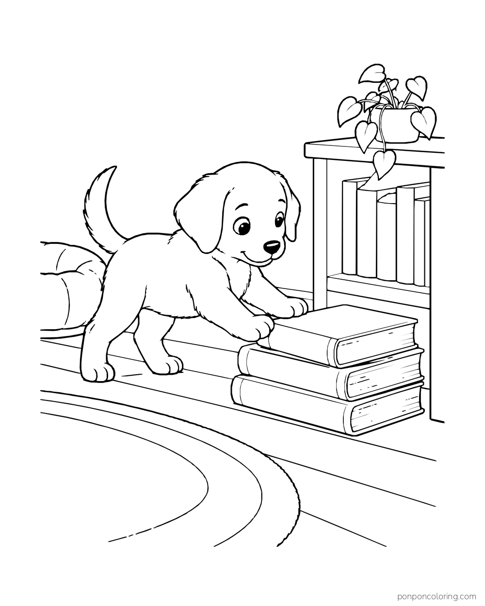 A puppy nudges a short stack of blank books beside a low bookshelf.