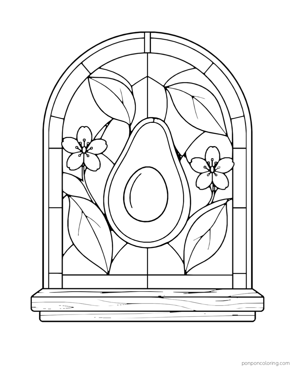An arched stained glass window shows an avocado half, broad leaves, and two blossoms.
