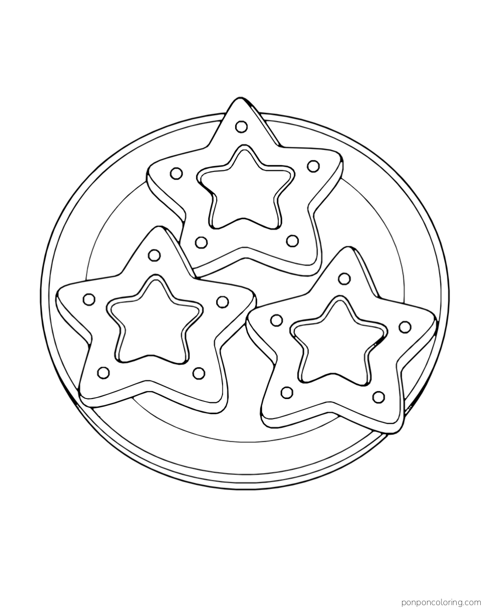 Three star-shaped cookies with open candy centers sit on a round plate.