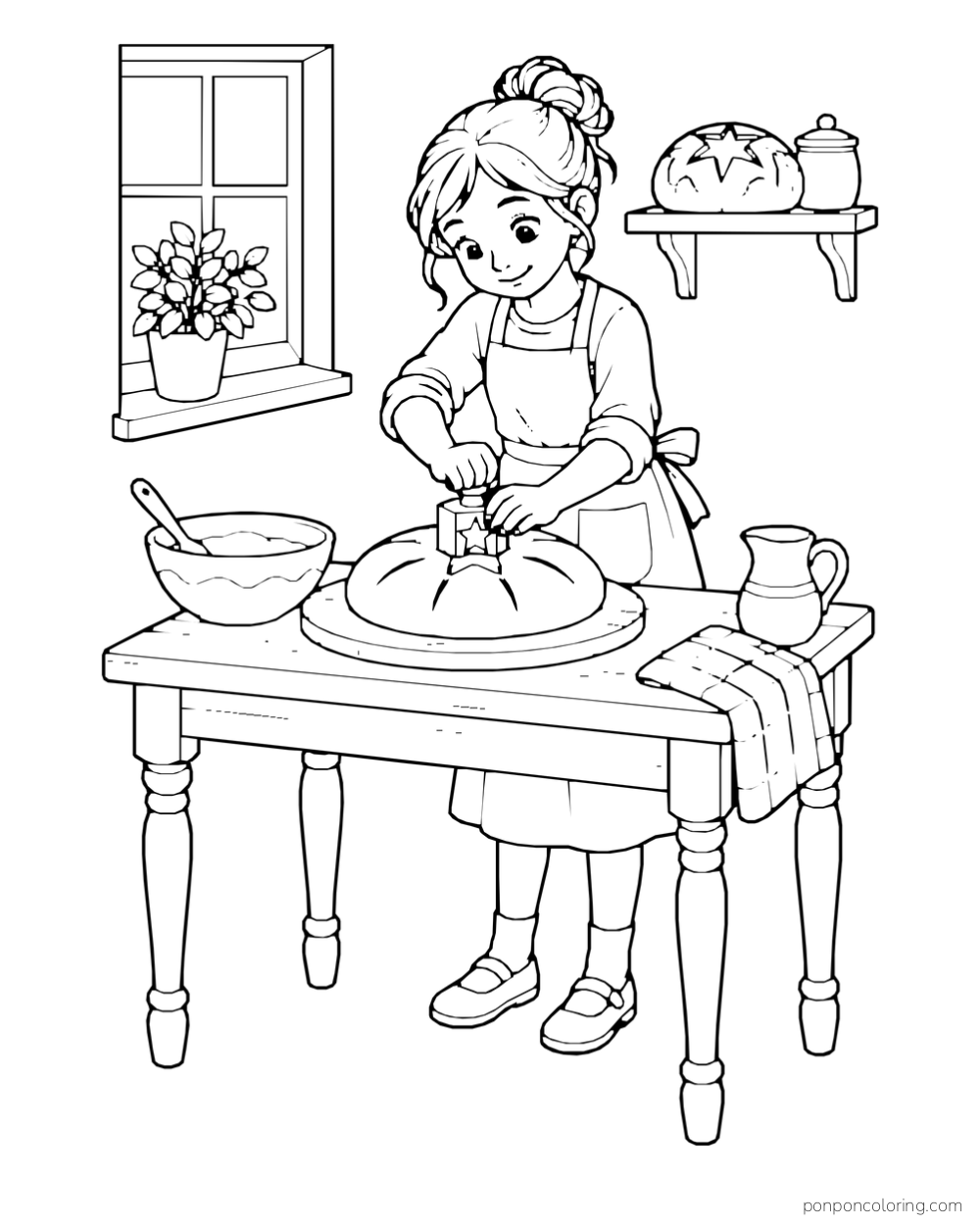 A child presses a star-shaped stamp into round bread dough on a table beside a bowl and window.