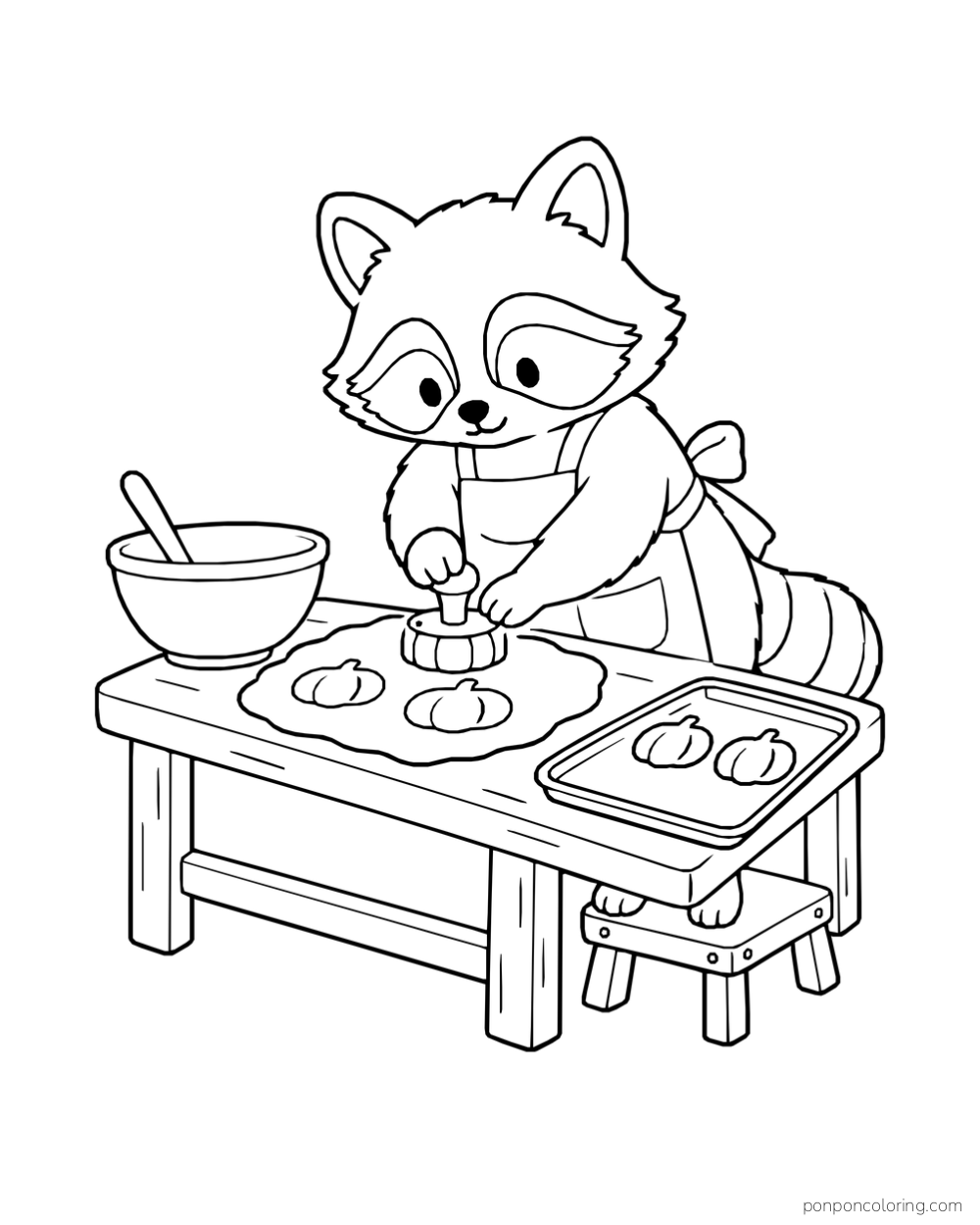 A raccoon in an apron presses a pumpkin-shaped cutter into dough at a table beside a mixing bowl and baking tray.