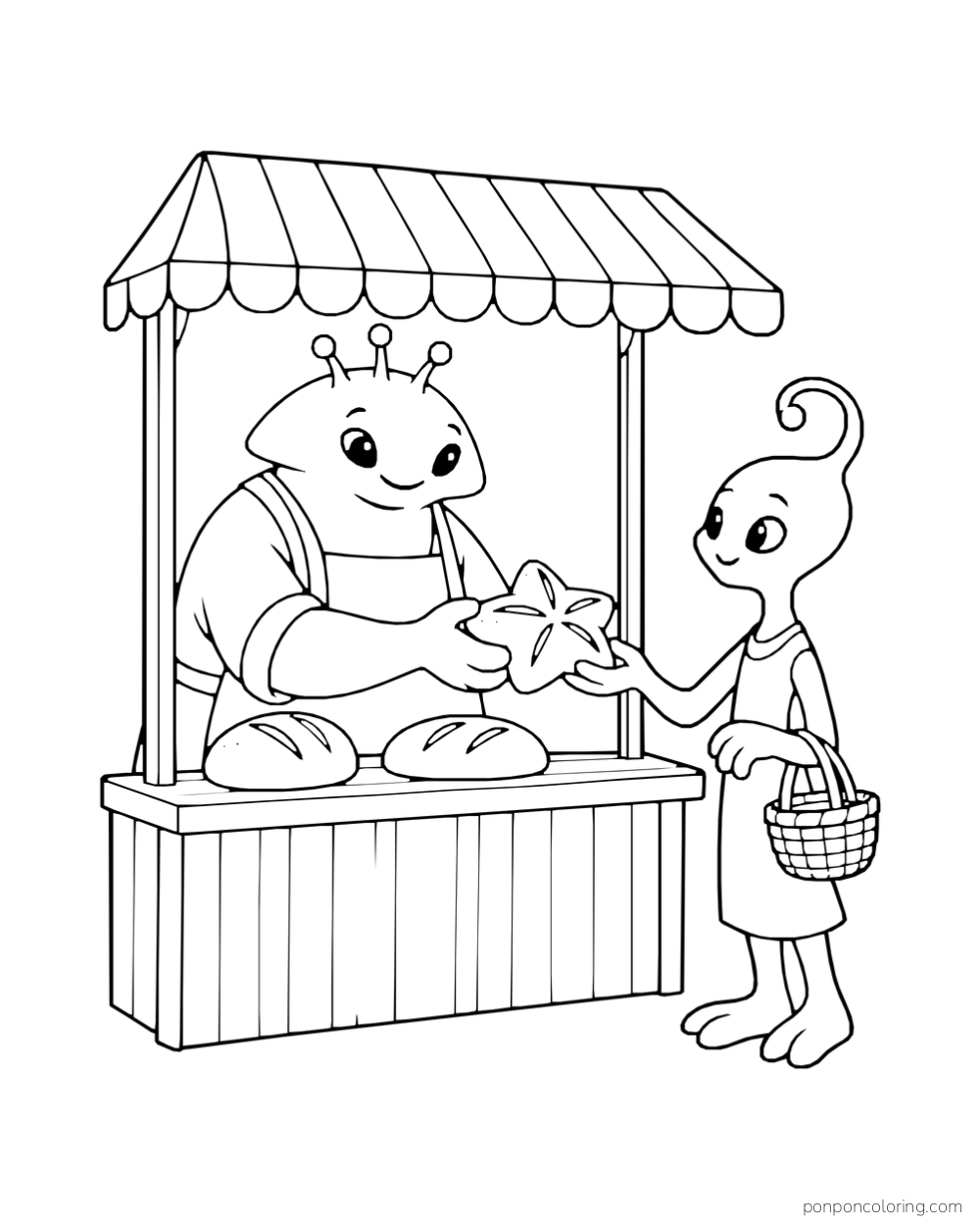 Two aliens exchange star-shaped bread at a small market stand.