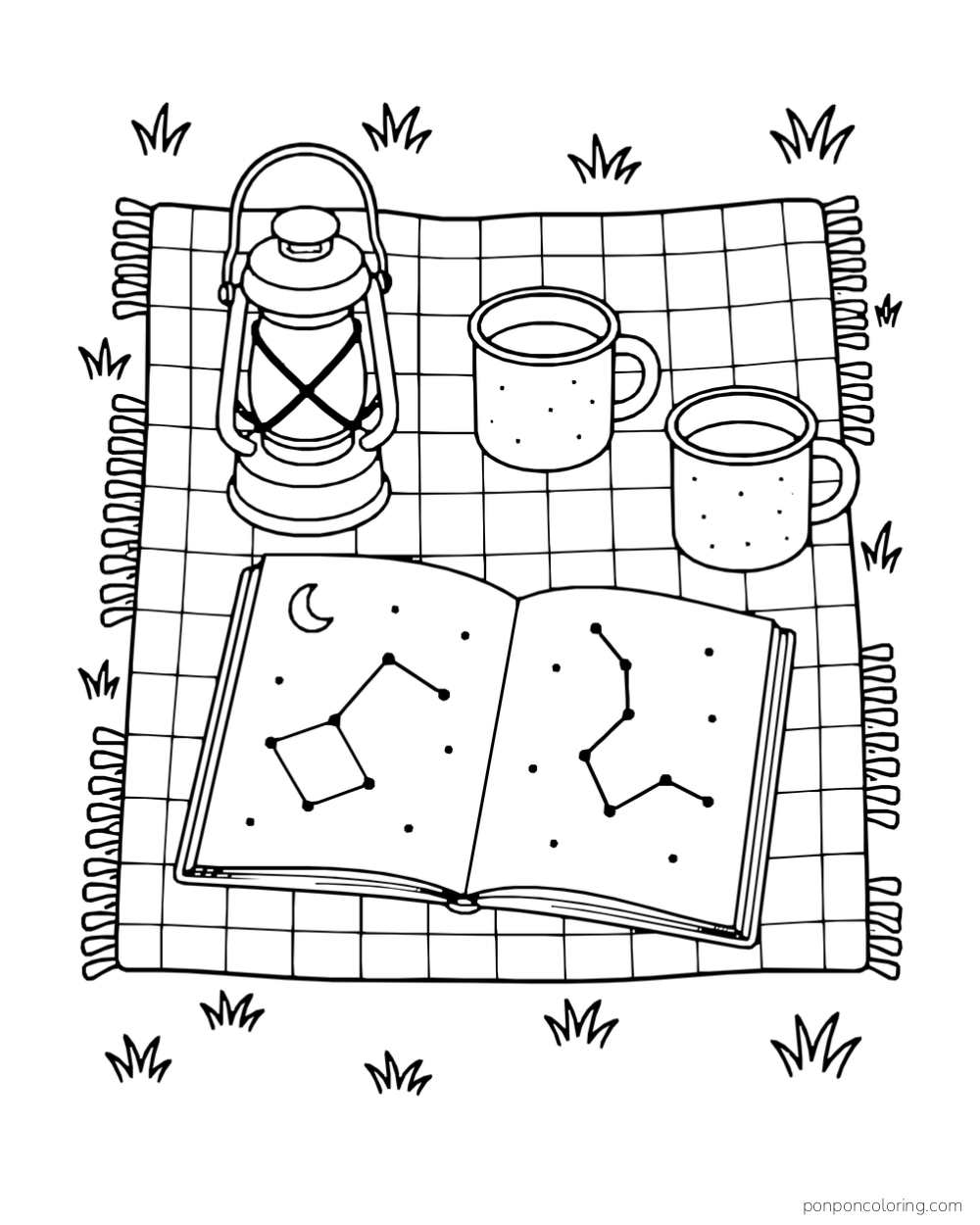 A star chart, lantern, and two mugs lie on a blanket from above.
