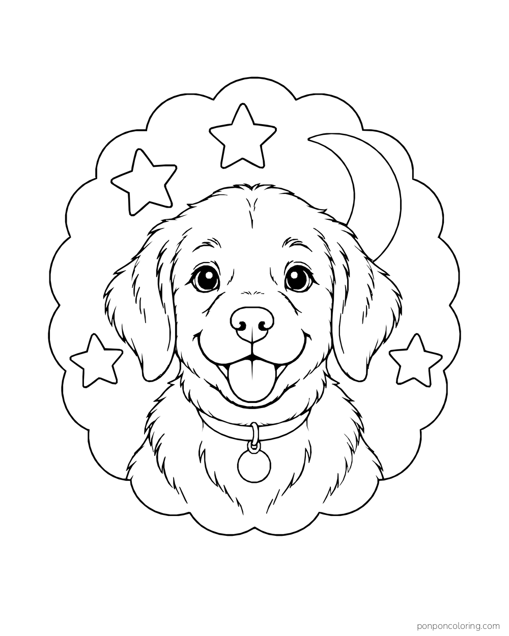 A puppy head with a collar sits inside a scalloped medallion with stars and a crescent moon.