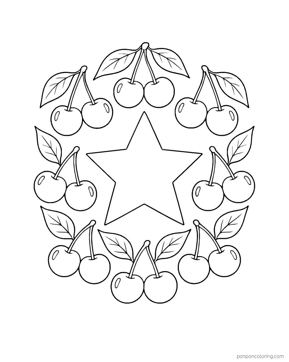 Cherry pairs and leaves circle a large five-point star.