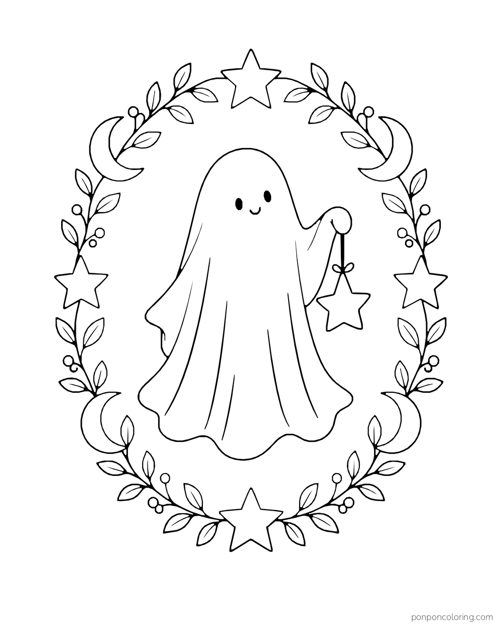 A ghost holds a star ornament inside a ring of leaves, stars, and crescent moons.