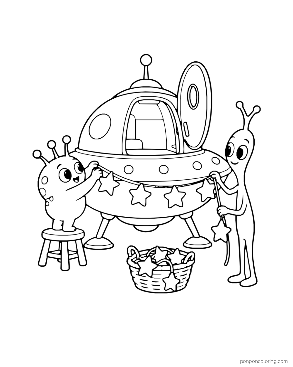 Two aliens hang a star garland around a parked saucer-shaped spaceship.