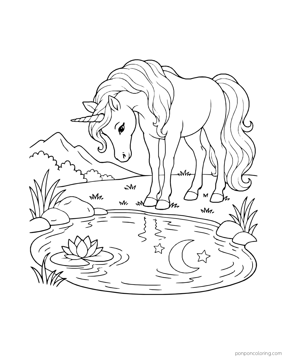 A unicorn leans over an oval pond with a water lily and reflected moon shapes.