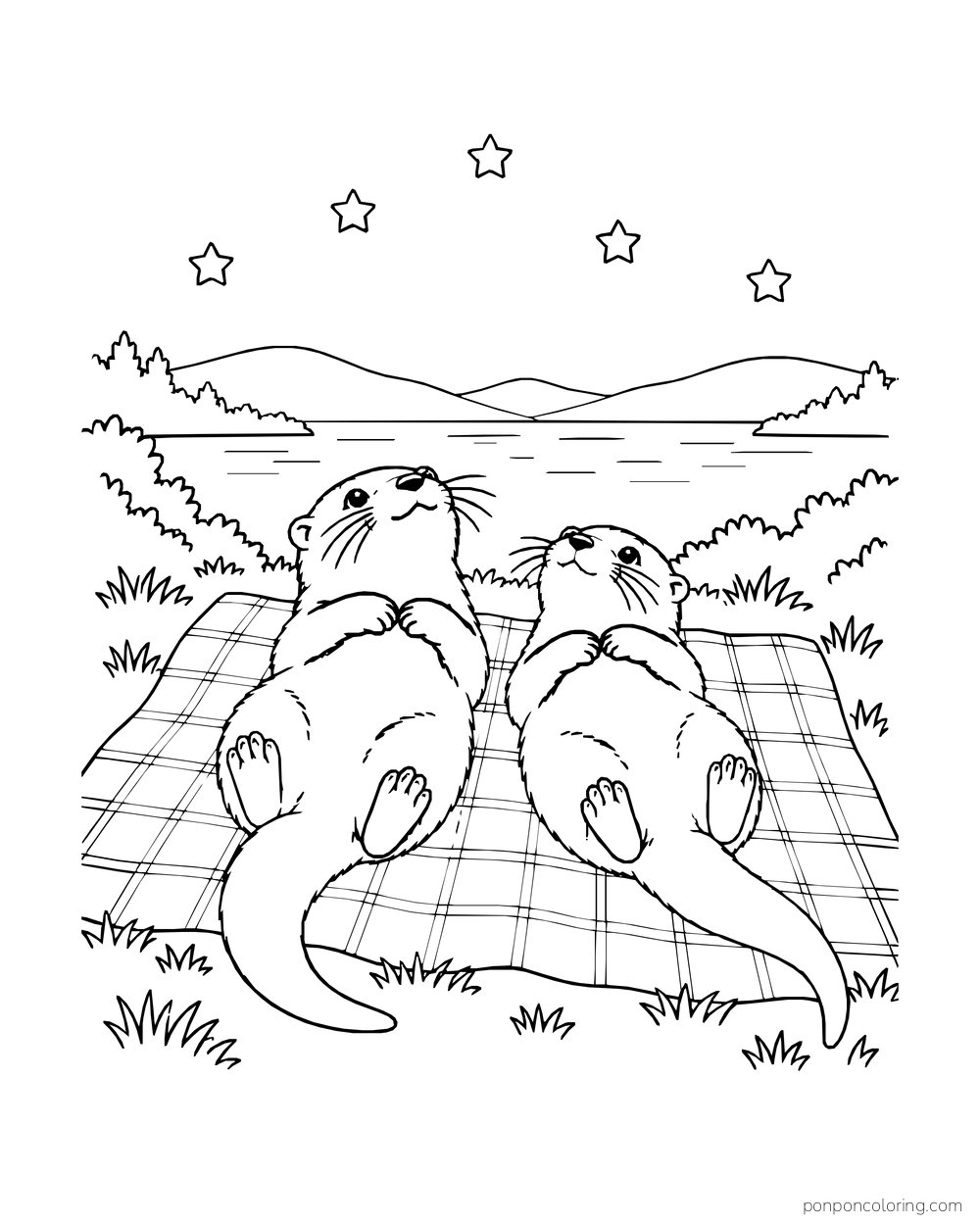 Two otters lying on a plaid blanket and looking up at five stars.