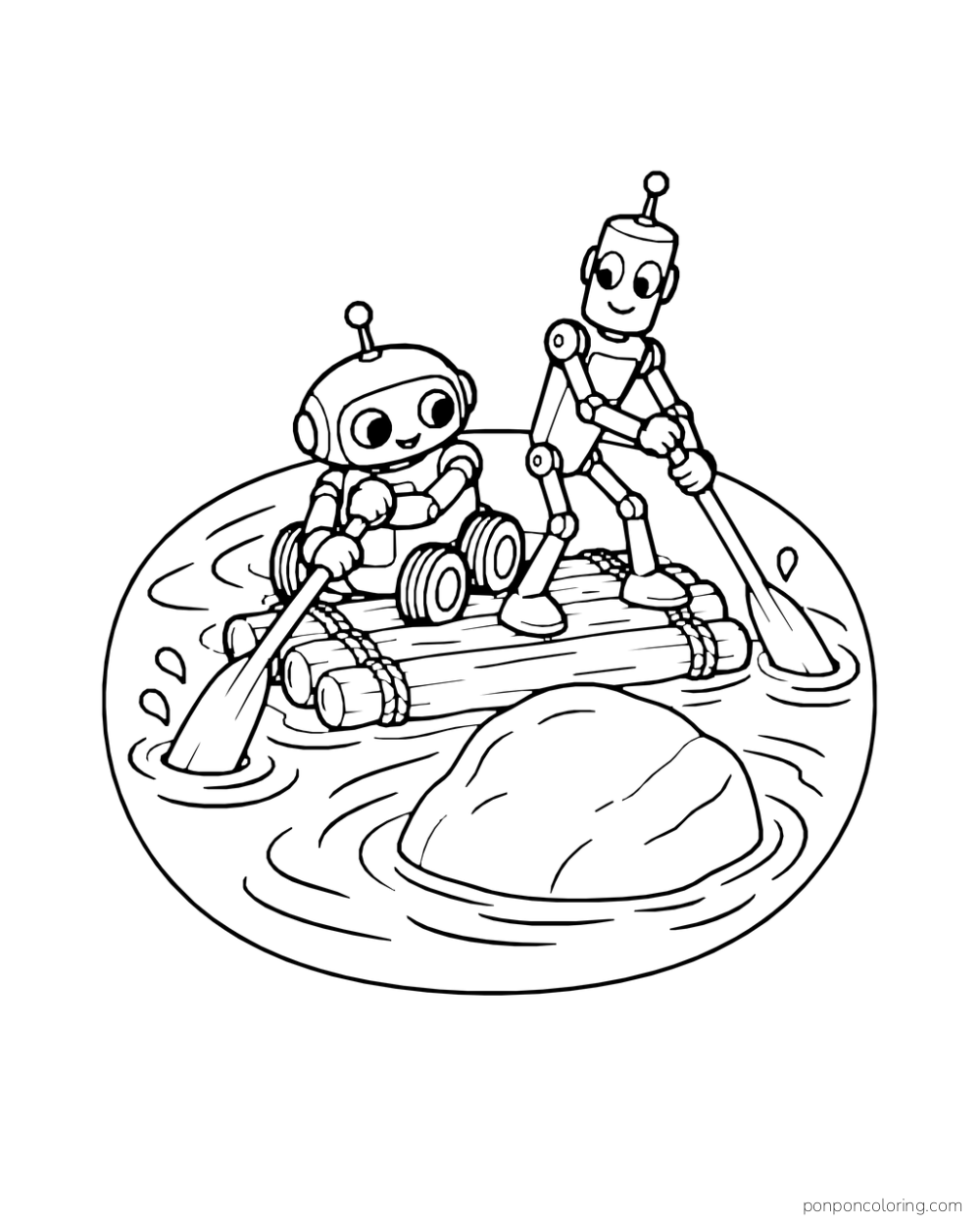 Two robots steer a small raft around a round rock.