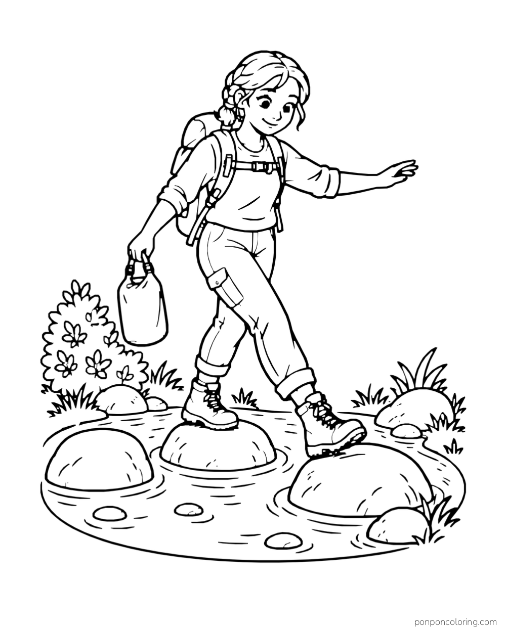 A camper crosses a creek on stones while carrying a small bag.