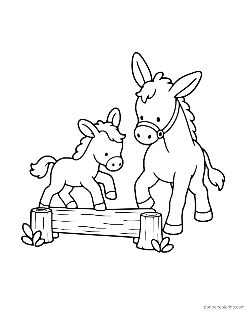 A young foal steps over a low log while a donkey watches.