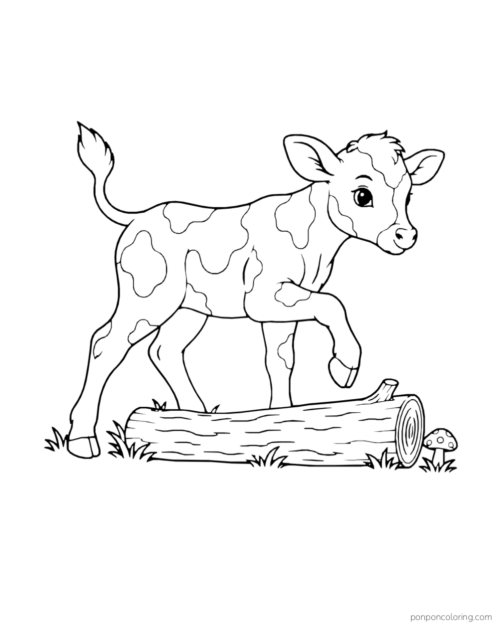 A calf lifts one foreleg over a fallen log beside a small mushroom.