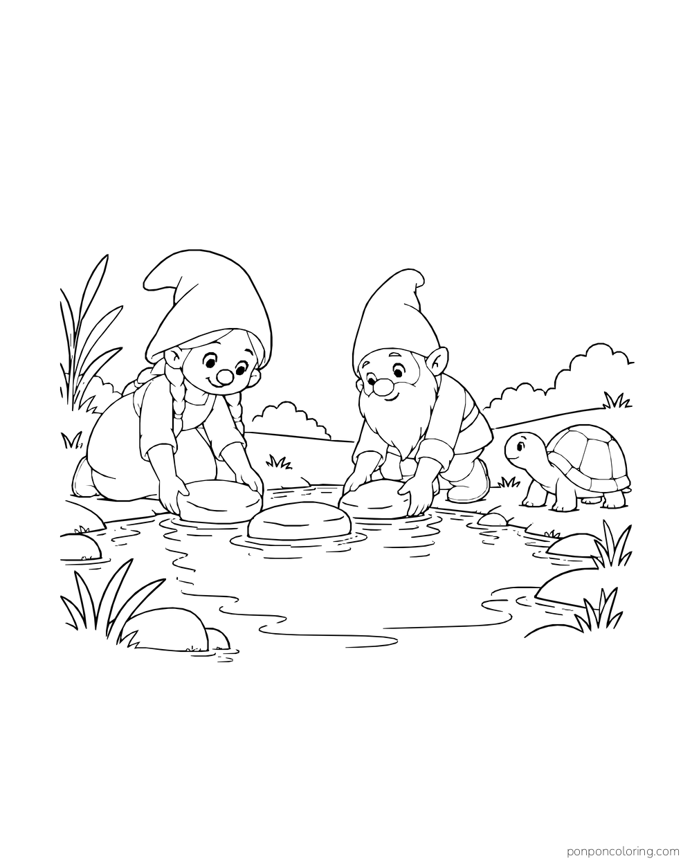 Two gnomes placing flat stones in a shallow pond as a tortoise watches from the bank.