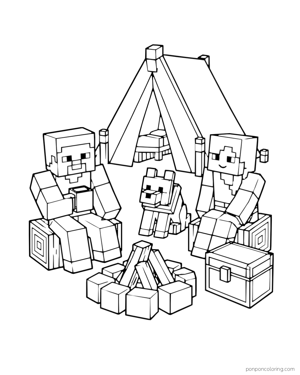 Steve and Alex sit beside a campfire with a wolf, a tent, and a supply chest.